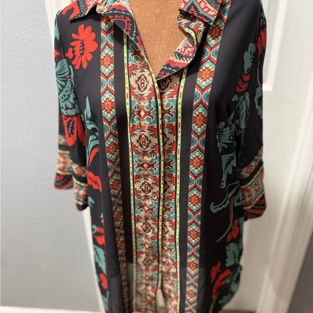 Soft Surroundings Geometric Print Blouse in Red and Teal